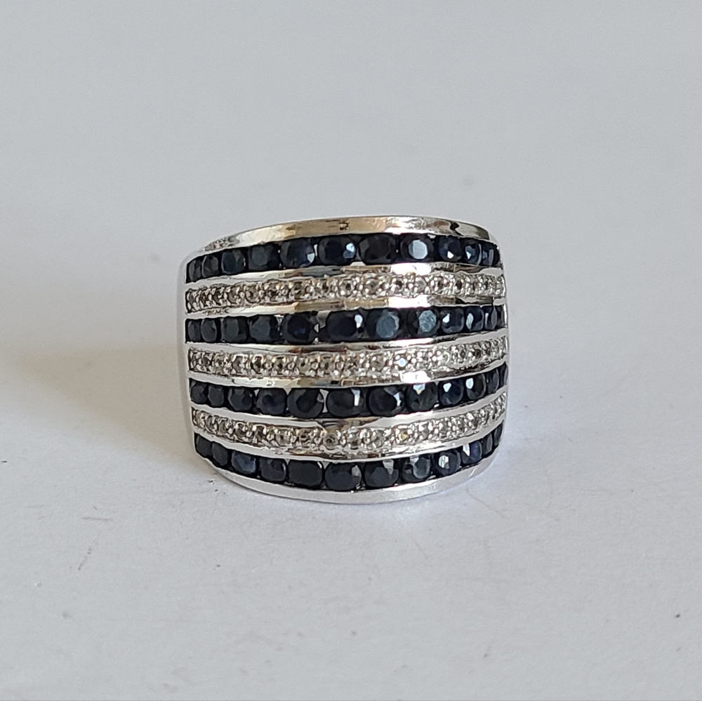 Chunky Boho Sterling Silver Wide CZ Crystal Black Spinel Row Layer Cocktail Ring